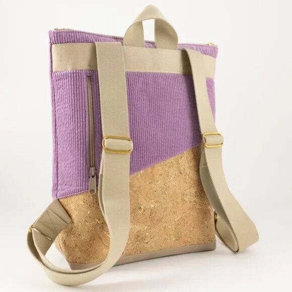 HANDMADE Noas Berlin Purple Lilac Corduroy/Natural Gold Beige Cork Backpack - Picture 4 of 8
